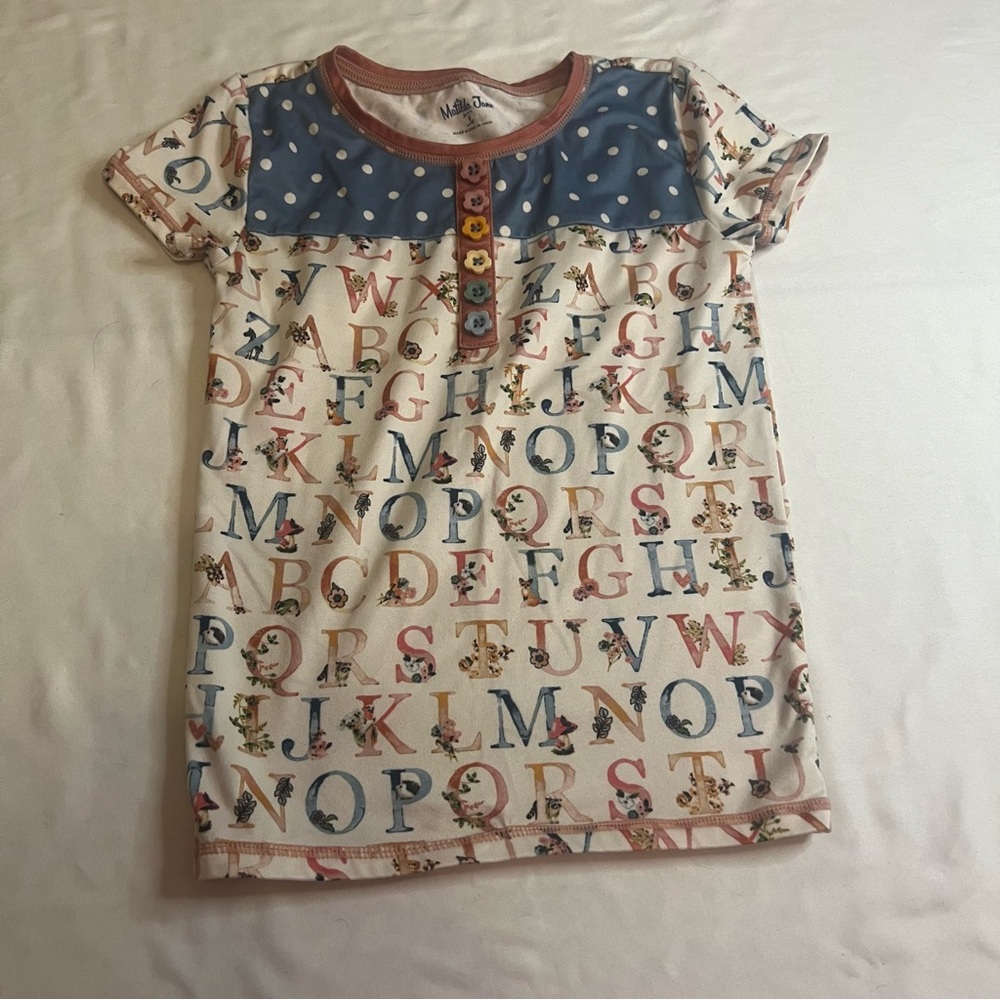 Matilda Jane Girls Alphabet Graphic Tee Blue Polka Dot Yoke Size‎ 6 Cotton Top